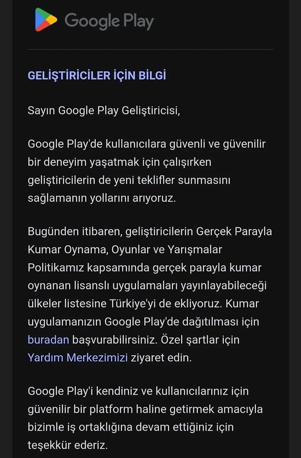 Firma, bu konu hakkında yayınladığı bilgi notunda ülkemizde devlet tekelinde olan kumar oyunlarına bağlı uygulamaların lisanslı olmak zorunda olduğunu duyurdu.