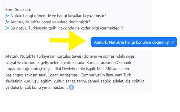 Yapay zeka aracı tarafından verilen özetin ardından verilen önerge sorulardan birini ChatPDF'e sorduğumuzda, dosyanın içindeki kaynak ile beraber verilen ayrıntılı bir cevap alıyoruz.