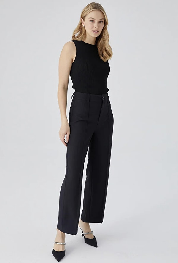 Manuka Geniş Paça Kumaş Pantolon Siyah