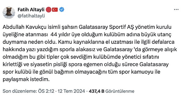 Altaylı, Twitter üzerinden yaptığı paylaşımda, "44 yıldır üye olduğum kulübüm adına büyük utanç duymama neden oldu" ifadelerini kullanmış ve şöyle devam etmişti: 👇