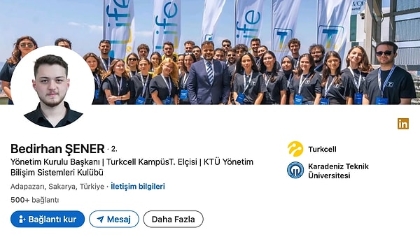 İsim benzerliği nedeniyle fotoğrafı kullanılan Bedirhan Şener’in LinkedIn profilinde, Karadeniz Teknik Üniversitesinde öğrenci olduğu bilgisi yer alıyor.