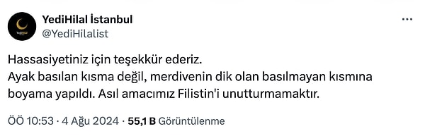 Ancak derneğin bu hareketi, söz konusu boyamayı eleştirineler kadar muhafazakarların da tepkisini çekti. Dernek, Filistin bayrağının çiğneneceği eleştirilerine, "Ayak basılan kısma değil, merdivenin dik olan basılmayan kısmına boyama yapıldı" karşılığını verdi.