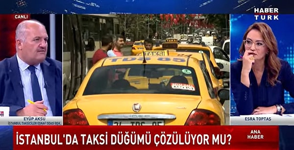 Esra Toptaş, Eyüp Aksu'ya canlı yayında, "Şimdi yarın ticari taksi artınca ben taksiye binebilecek miyim? Ben Türk vatandaşı olduğum için binebilecek miyim? Biliyorsunuz almıyorlar" diye bir soru yöneltti.