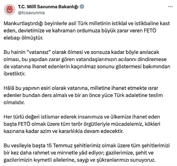 MSB'nin sosyal medya hesaplarından yayınlanan mesaj 👇